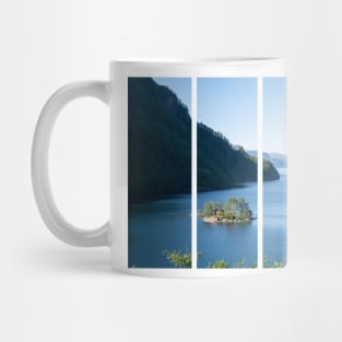 Wonderful landscapes in Norway. Beautiful scenery of a island with a red house on the Lovrafjorden fjord. Mountains with snow in background. Sunny day Mug